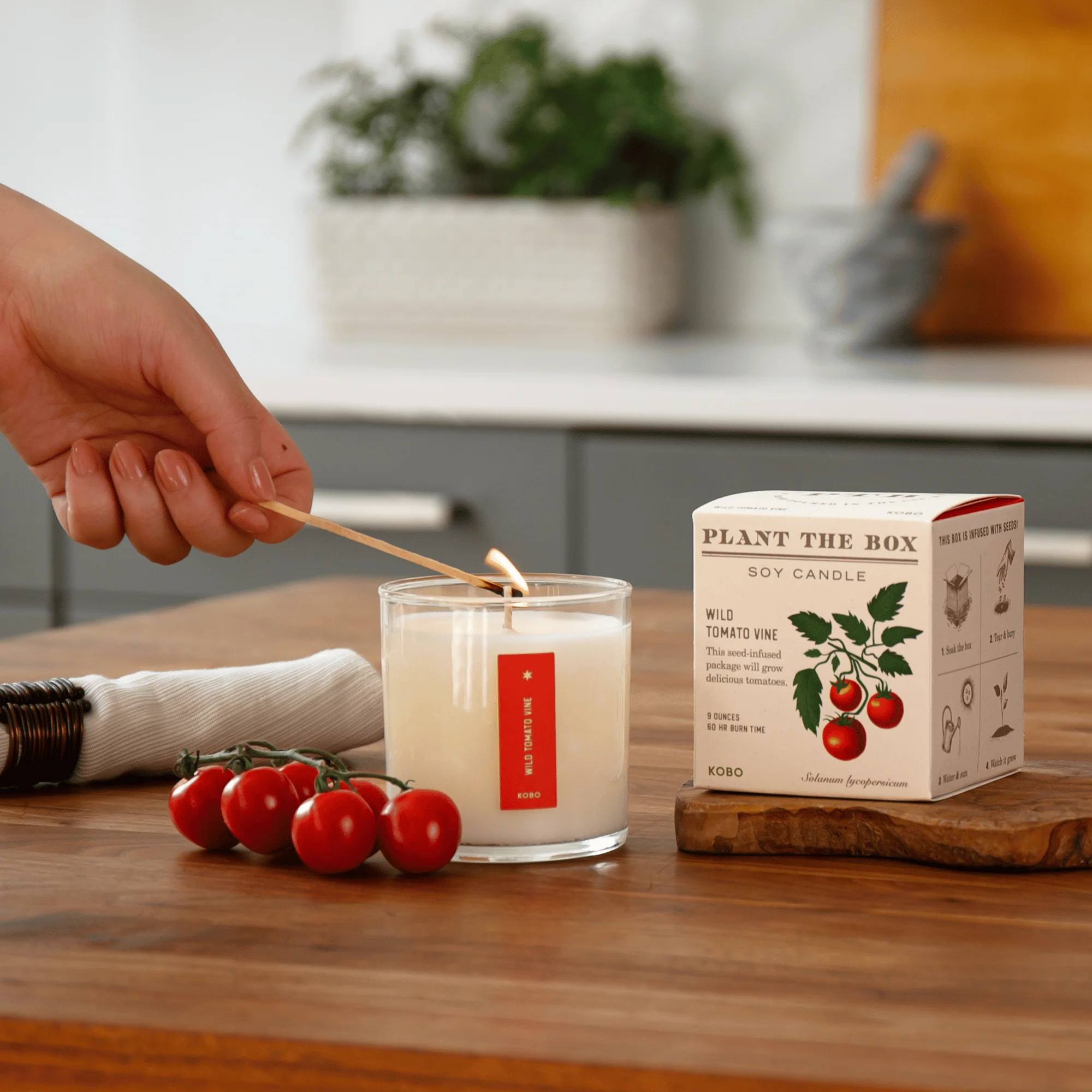 Lifestyle shot of the candle on a kitchen counter